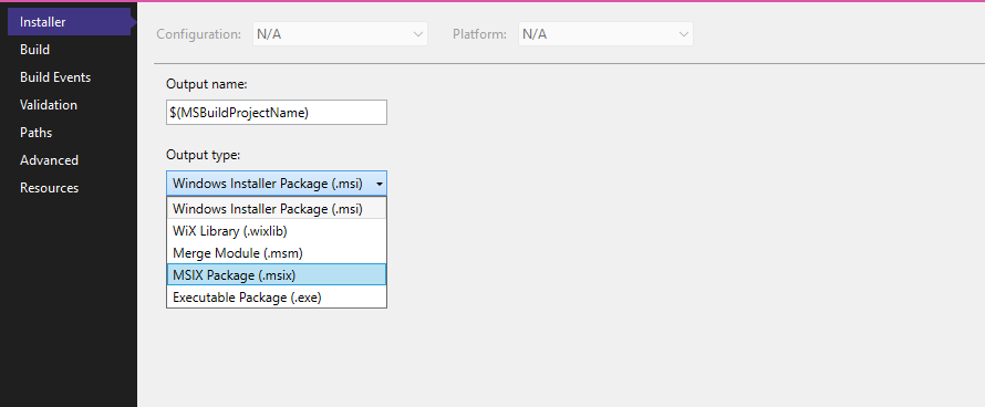 Visual Studio Properties window selecting MSIX Package as the output type